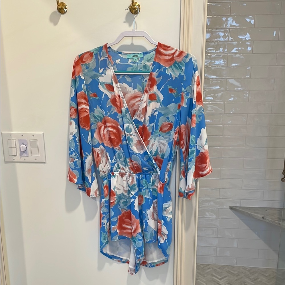 Karlie Floral Wrap Romper - Blue and Red